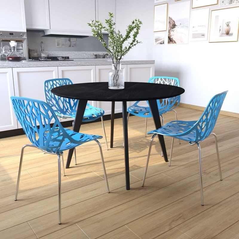 LeisureMod Modern Asbury Dining Chair w/ Chromed Legs Blue at Table.
