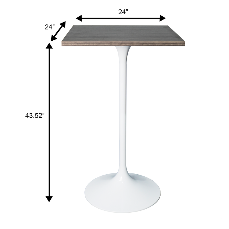 LeisureMod Verve Collection 24 Square Top Bar Height Table, White Base with Dark Maple MDF Top Dimensions.