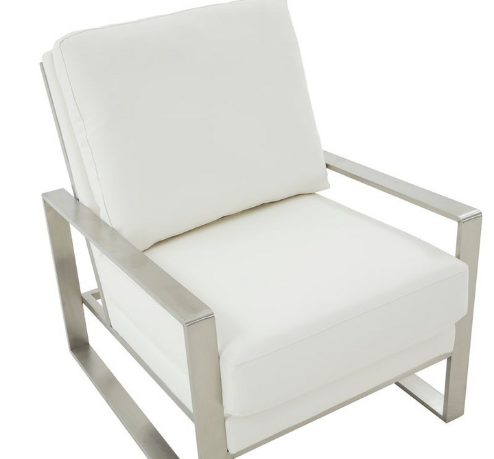 LeisureMod Jefferson Faux Leather Modern Design Accent Armchair with Elegant Silver Frame White Zoomed In.