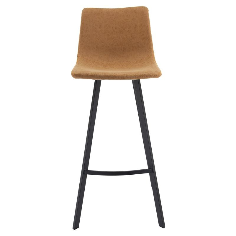LeisureMod Elland Modern Upholstered Leather Bar Stool with Iron Legs and Footrest Front View.