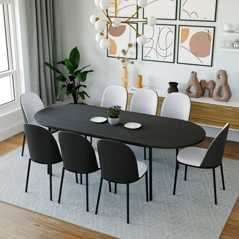 LeisureMod Tule 9-Piece Dining Set in Steel Frame with 8 Upholstered Seat Dining Chairs and 83" Oval Dining Table with MDF Tabletop Black/Platinum Blue in Dining Room.