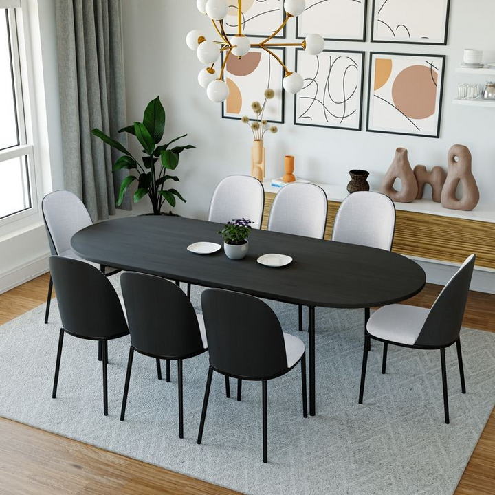 LeisureMod Tule 9-Piece Dining Set in Steel Frame with 8 Upholstered Seat Dining Chairs and 83" Oval Dining Table with MDF Tabletop Black/Platinum Blue in Dining Room.