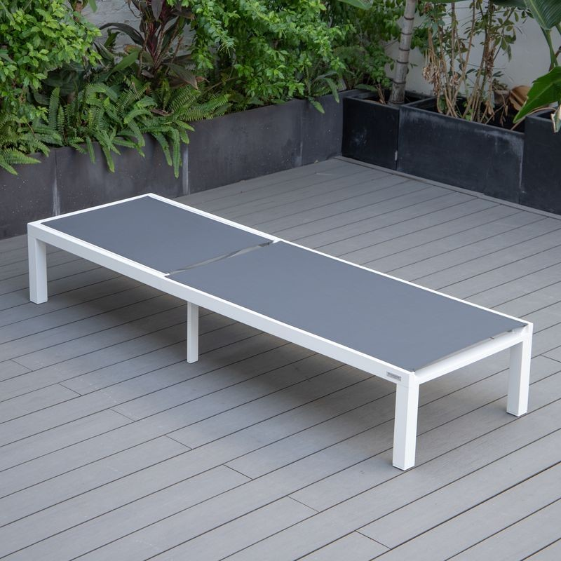 LeisureMod Marlin Patio Chaise Lounge Chair with White Aluminum Frame Dark Grey Flat View.