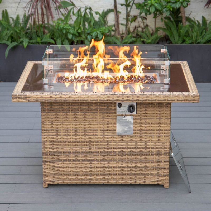 LeisureMod Mace Wicker Patio Modern Propane Fire Pit Table Light Brown