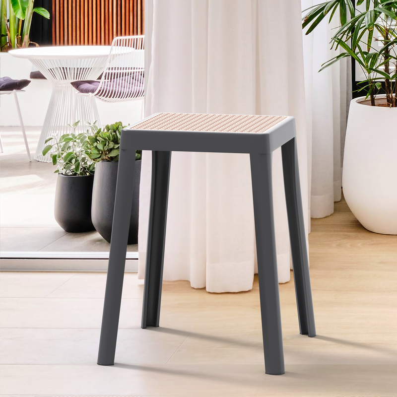 LeisureMod Tresse Series Stackable Poly Stool with Wicker Top in Grey with Background.