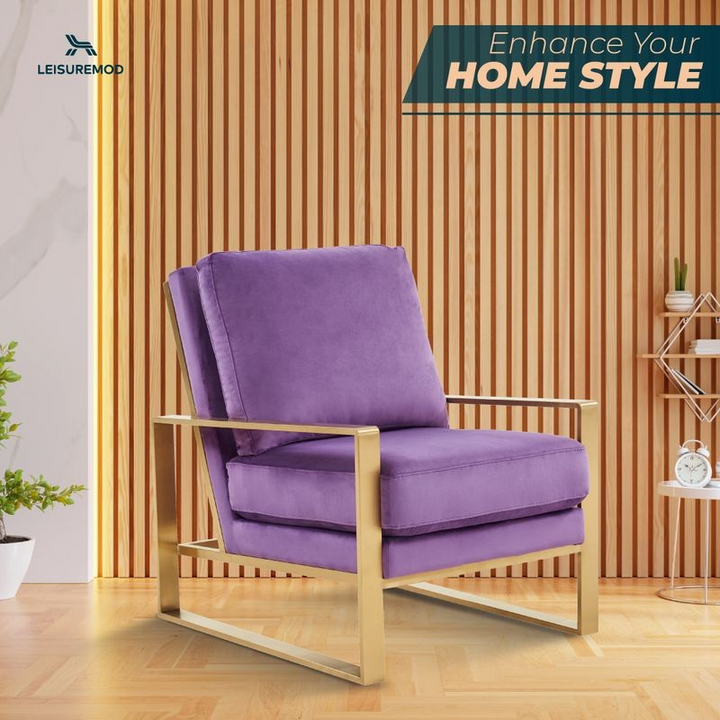LeisureMod Jefferson Velvet Design Accent Armchair with Gold Brass Finish Frame Purple