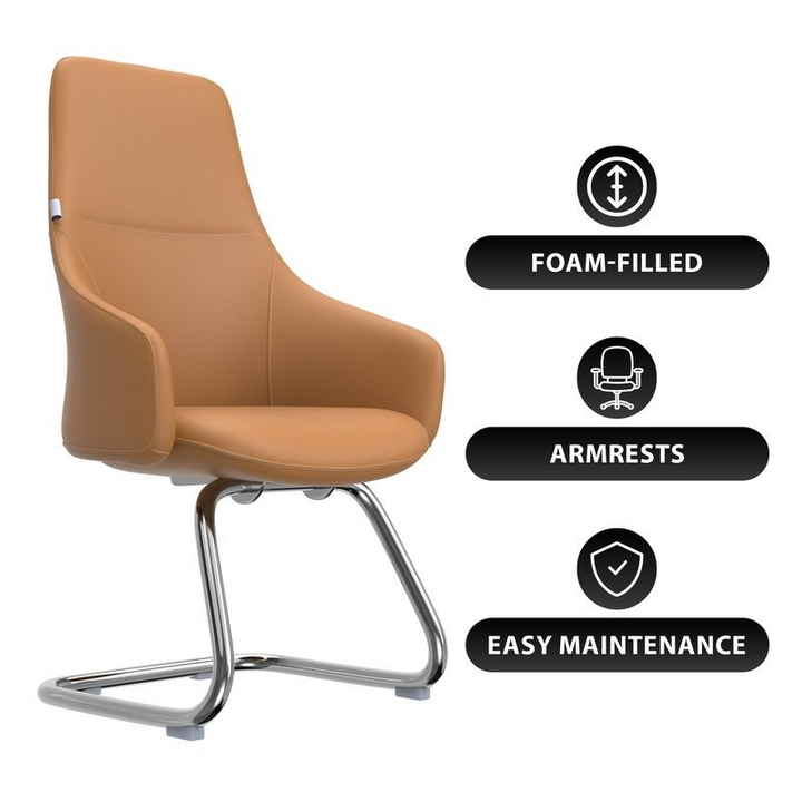 Brown chair with armrests on a white background, featuring icons and text about foam-filled, armrests, and easy maintenance.