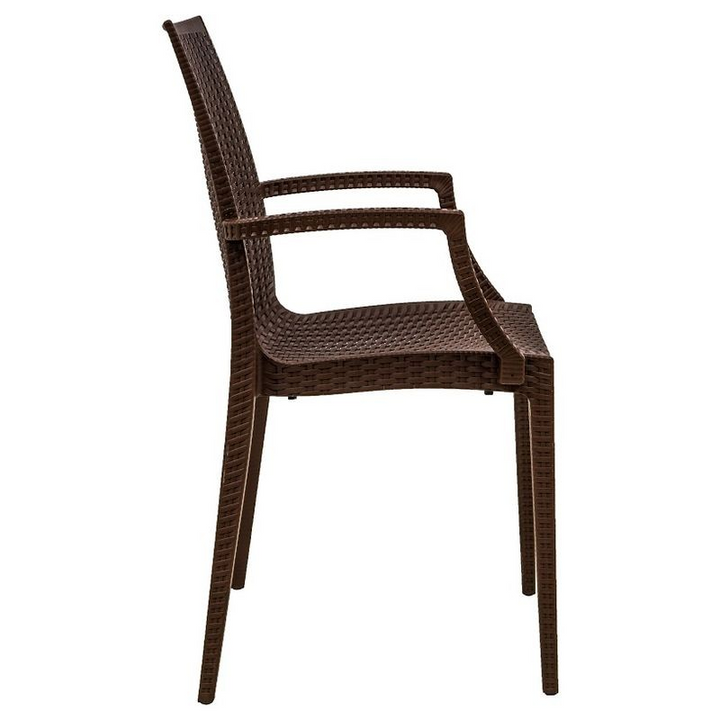 LeisureMod Weave Mace Indoor/Outdoor Chair (With Arms) Brown Side View.