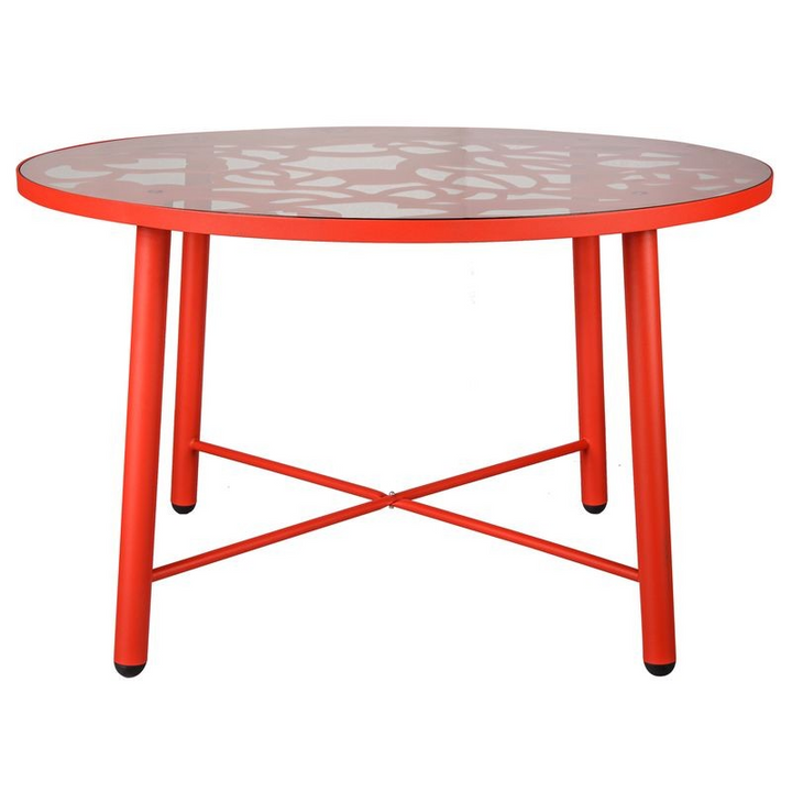 LeisureMod Devon Tree Design Glass Top Aluminum Base Indoor Outdoor Dining Table Red