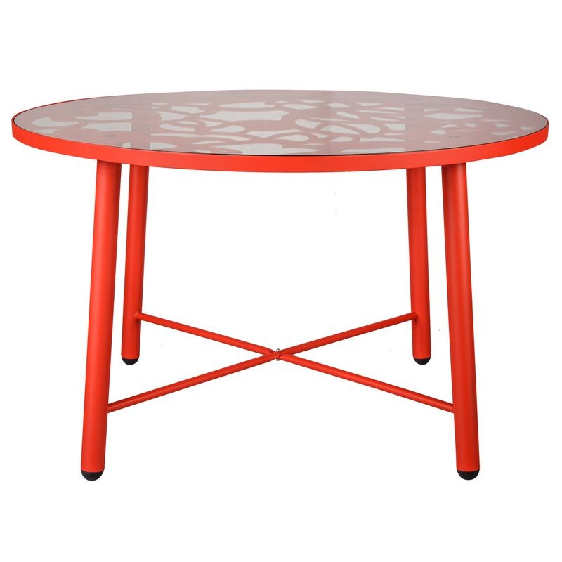 LeisureMod Devon Tree Design Glass Top Aluminum Base Indoor Outdoor Dining Table Red
