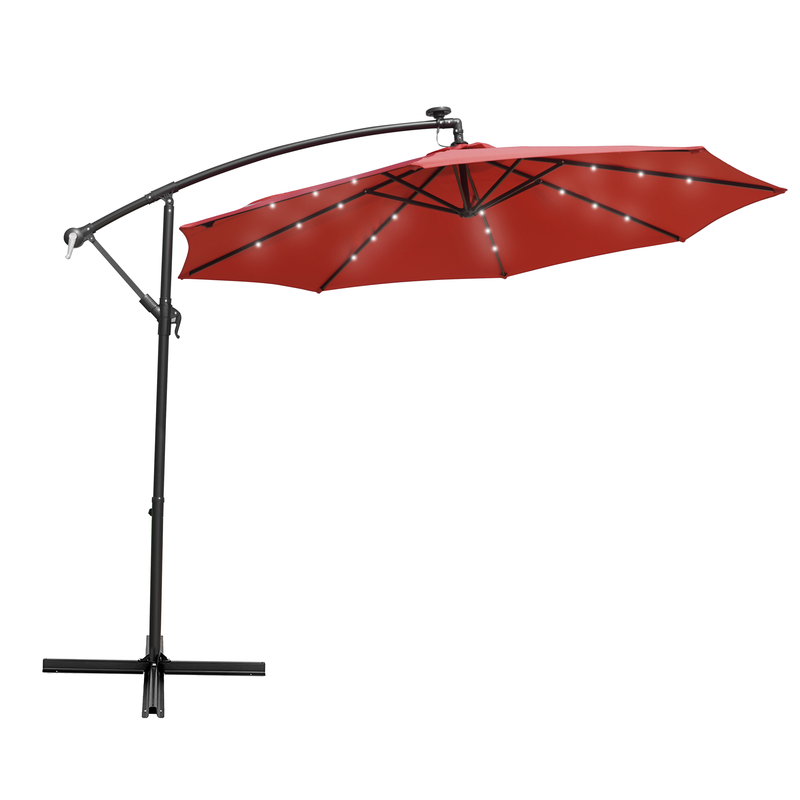 LeisureMod Willry Modern Outdoor 10 Ft Offset Cantilever Hanging Patio Umbrella with Solar Powered LED Red