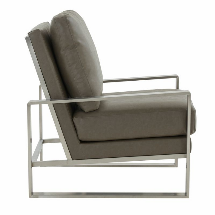 LeisureMod Jefferson Faux Leather Modern Design Accent Armchair with Elegant Silver Frame Grey Side View.