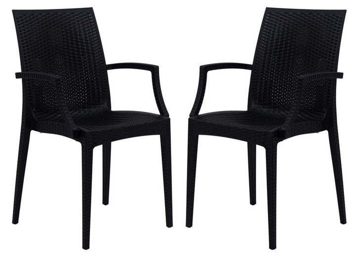 LeisureMod Weave Mace Indoor/Outdoor Chair (With Arms), Set of 2 Black