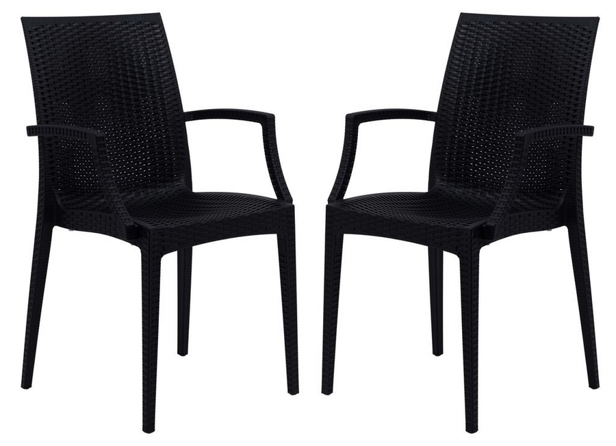 LeisureMod Weave Mace Indoor/Outdoor Chair (With Arms), Set of 2 Black