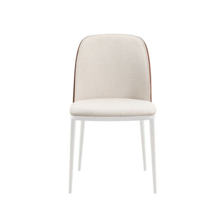 LeisureMod Tule Mid-Century Modern Fabric Dining Side Chair with White Powder-Coated Steel Frame Walnut/Beige Front View.