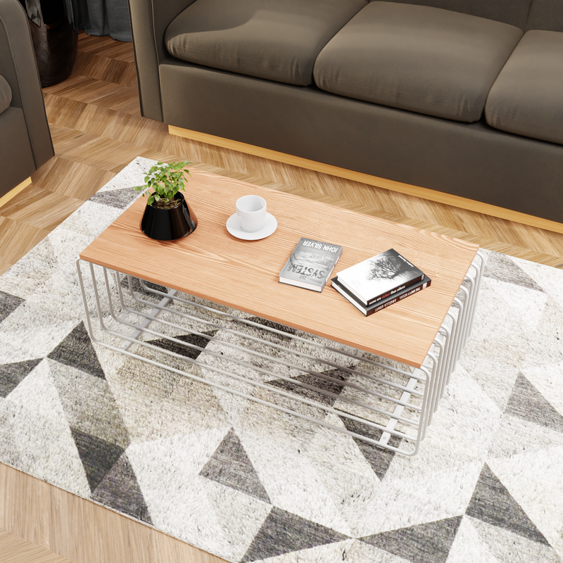 LeisureMod Walden Rectangular Coffee Table with Ash Veneer Top and Powder Coated Steel Frame in White Top View.