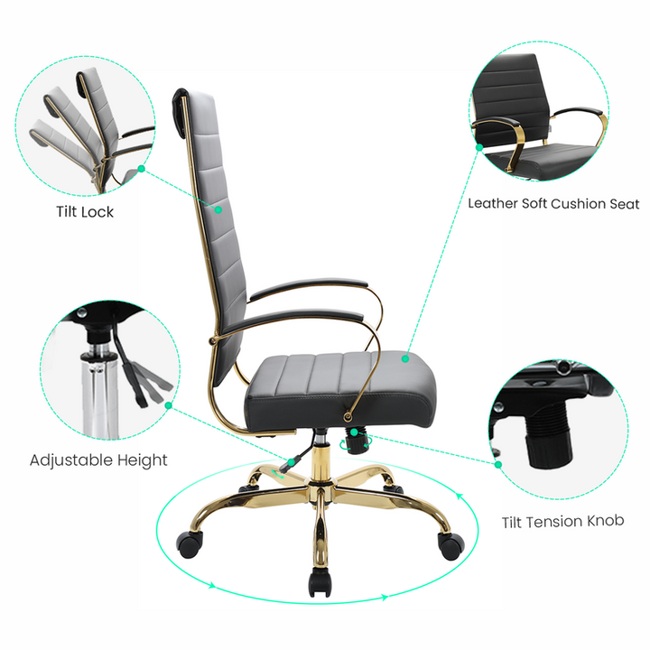 Office chair with features highlighted on a white background.