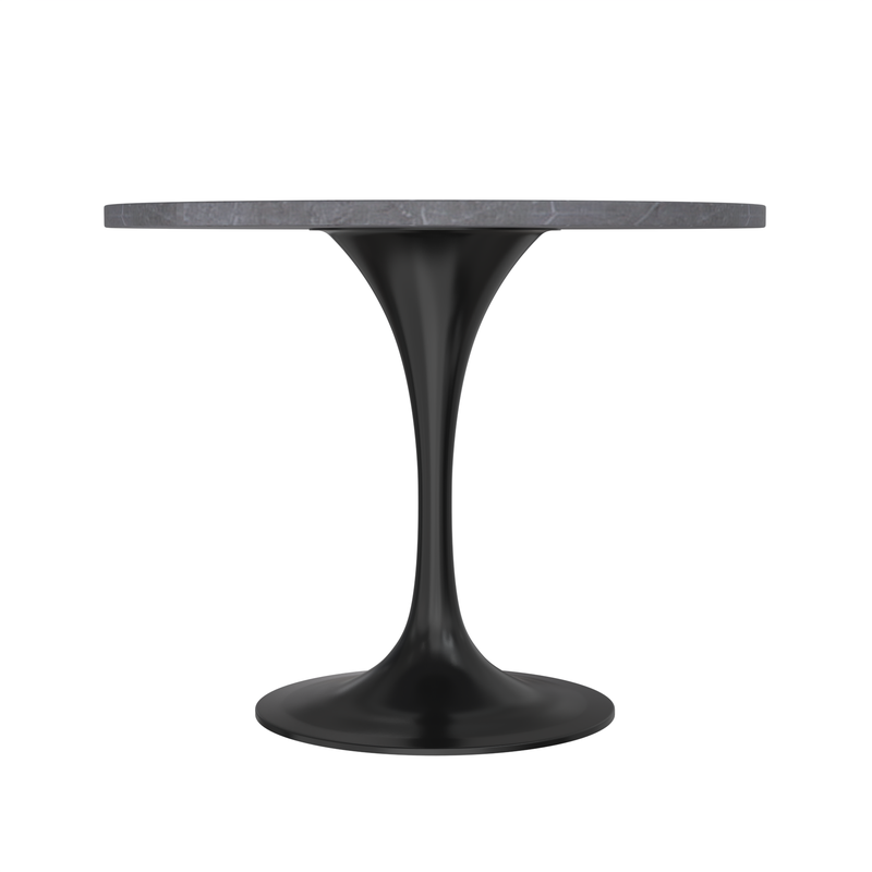 LeisureMod Verve Collection 36 Round Dining Table, Black Base with Sintered Stone Grey Top Side View.