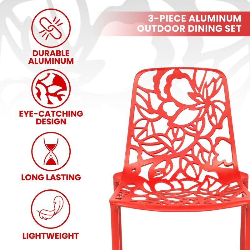 Red outdoor chair with decorative cut-out design, featuring durability, design, longevity, and weight attributes on a white background.
