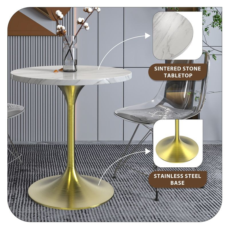 LeisureMod Verve Collection 27 Round Dining Table, Brushed Gold Base with Sintered Stone White Top Details.
