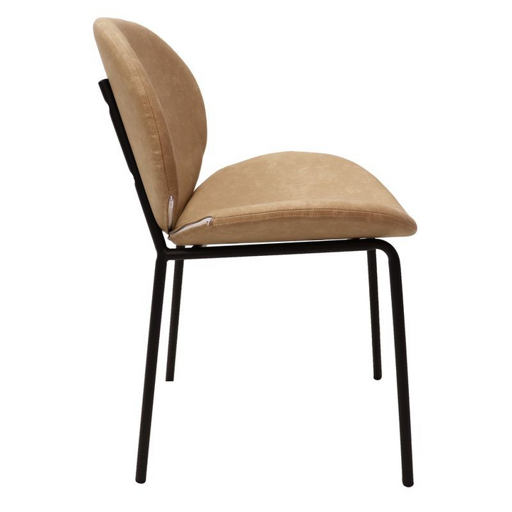 LeisureMod Servos Modern Dining Side Chair with Upholstered Faux Leather Seat and Powder Coated Iron Frame Sand Brown Side View.