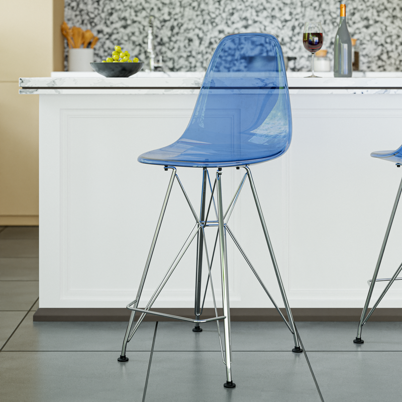 LeisureMod Cresco Modern Acrylic Barstool with Chrome Base and Footrest in Transparent Blue Close View.