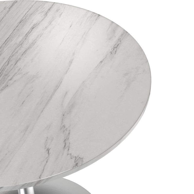 LeisureMod Verve Collection 27 Round Dining Table, Brushed Chrome Base with Sintered Stone White Top Closeup.
