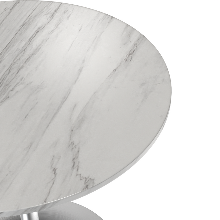 LeisureMod Verve Collection 27 Round Dining Table, Brushed Chrome Base with Sintered Stone White Top Closeup.