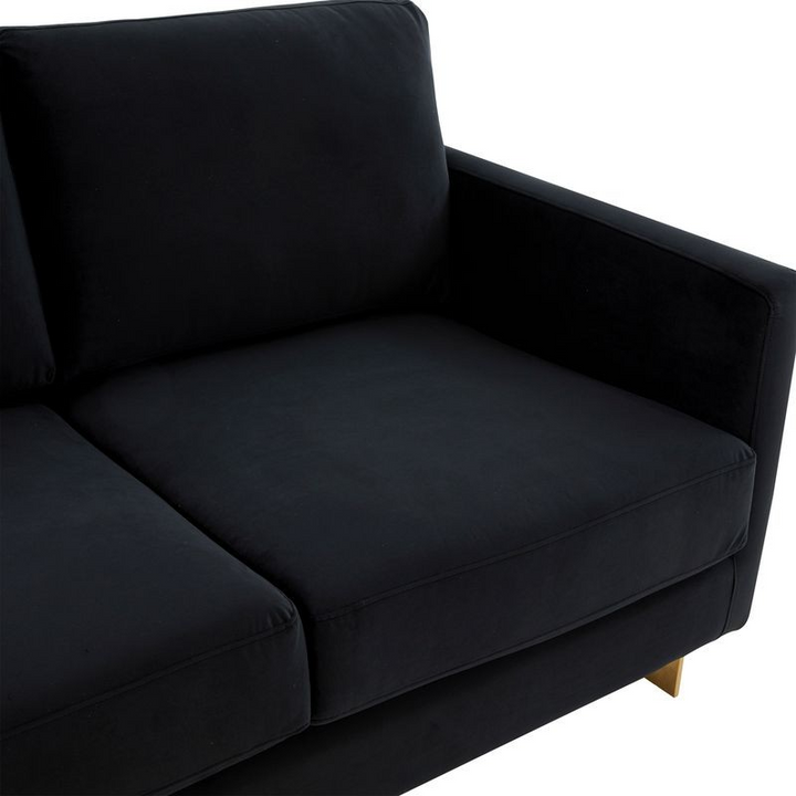 LeisureMod Lincoln Modern Mid-Century Upholstered Velvet Loveseat with Gold Frame Midnight Black Zoomed In.