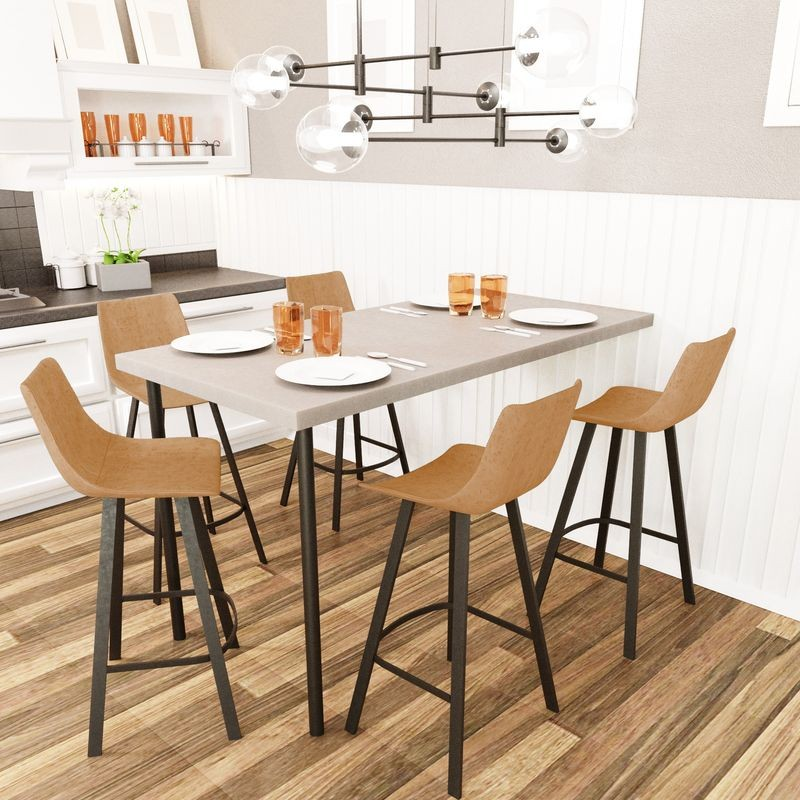 LeisureMod Elland Modern Upholstered Leather Bar Stool with Iron Legs and Footrest at Table.