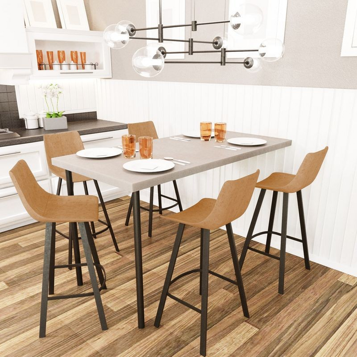 LeisureMod Elland Modern Upholstered Leather Bar Stool with Iron Legs and Footrest at Table.