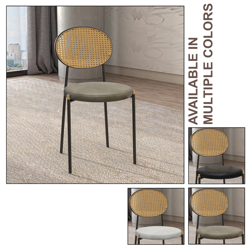 Chair with wicker backrest and black metal legs in a room setting, with text indicating multiple color options.