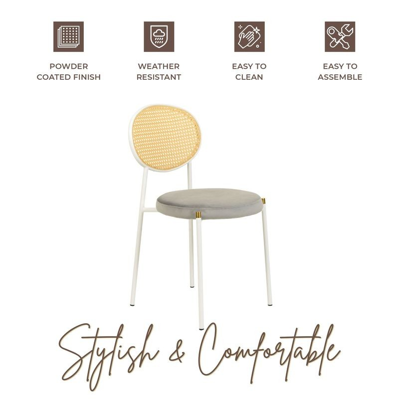 Chair with rattan backrest and cushioned seat on a white background with feature icons and text.