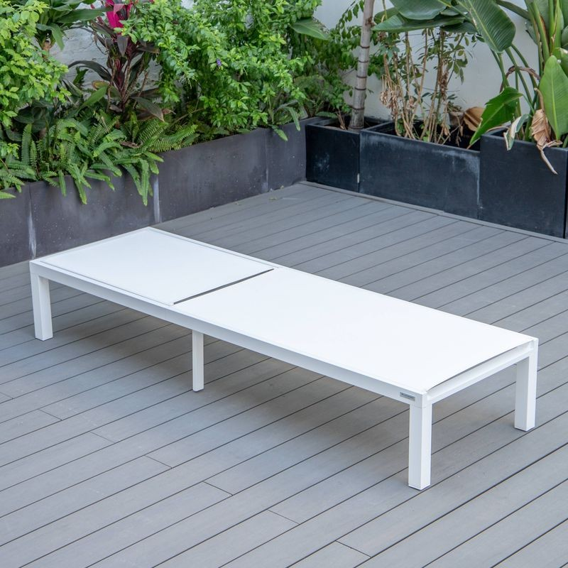 LeisureMod Marlin Patio Chaise Lounge Chair with White Aluminum Frame White Flat.