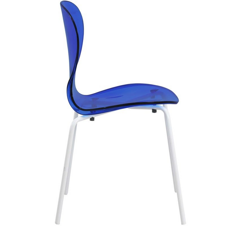 Blue chair with white legs on a white background.