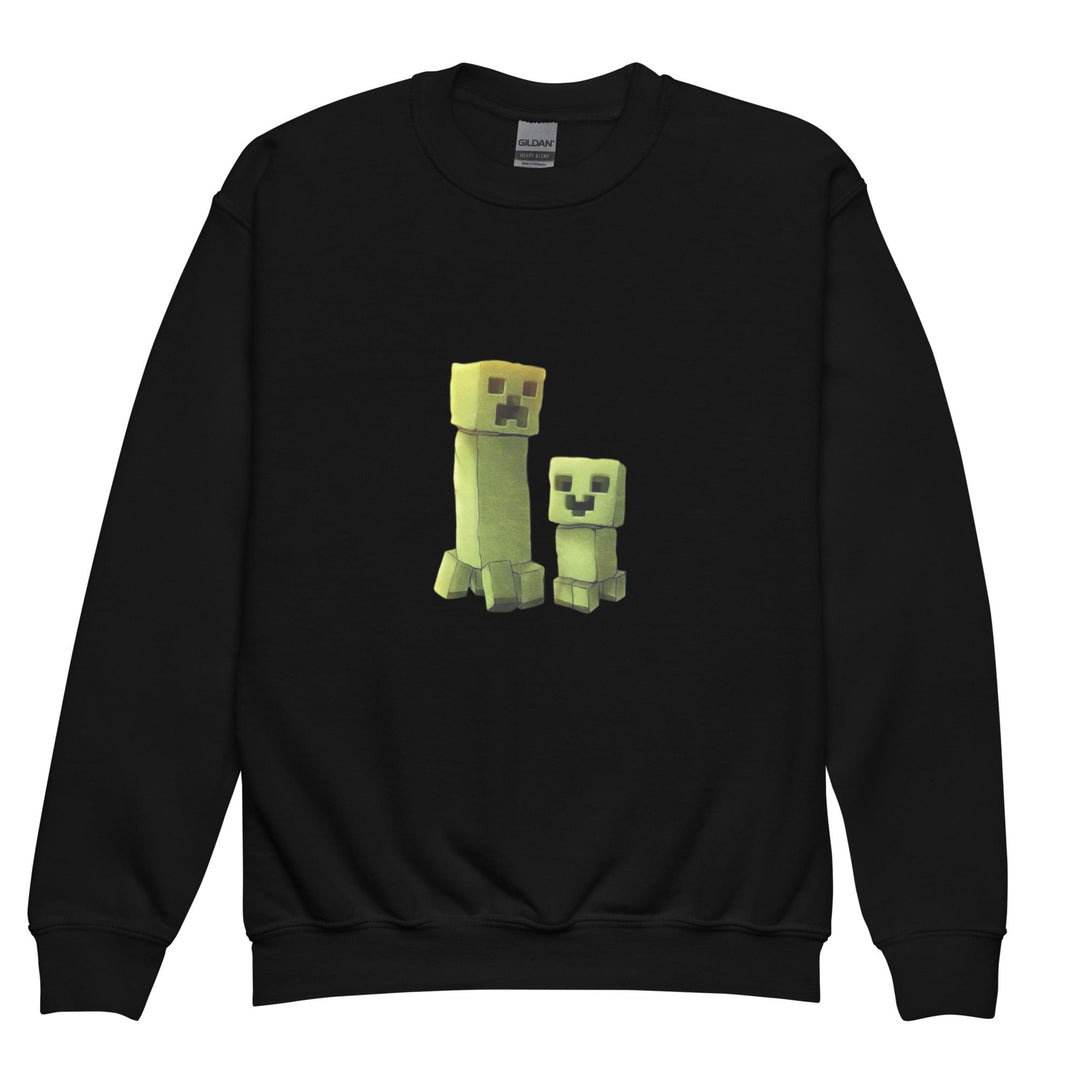 Black sweatshirt with pixelated green characters on a white background.
