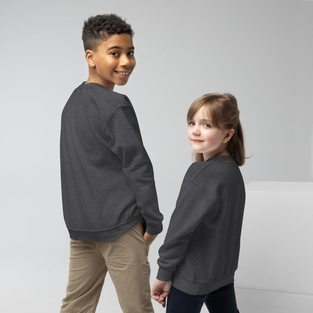Two children wearing dark gray sweatshirts against a plain background.