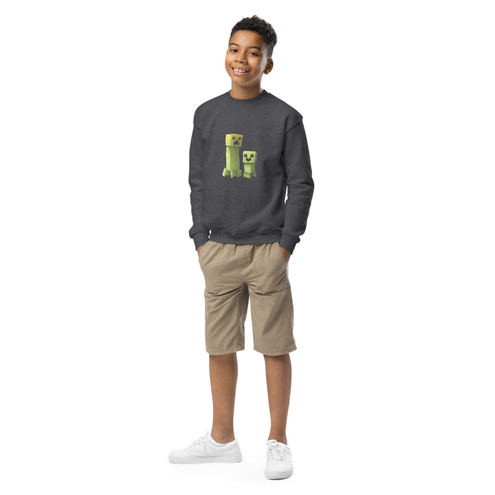 Child wearing a dark gray sweatshirt with a graphic design on a white background.