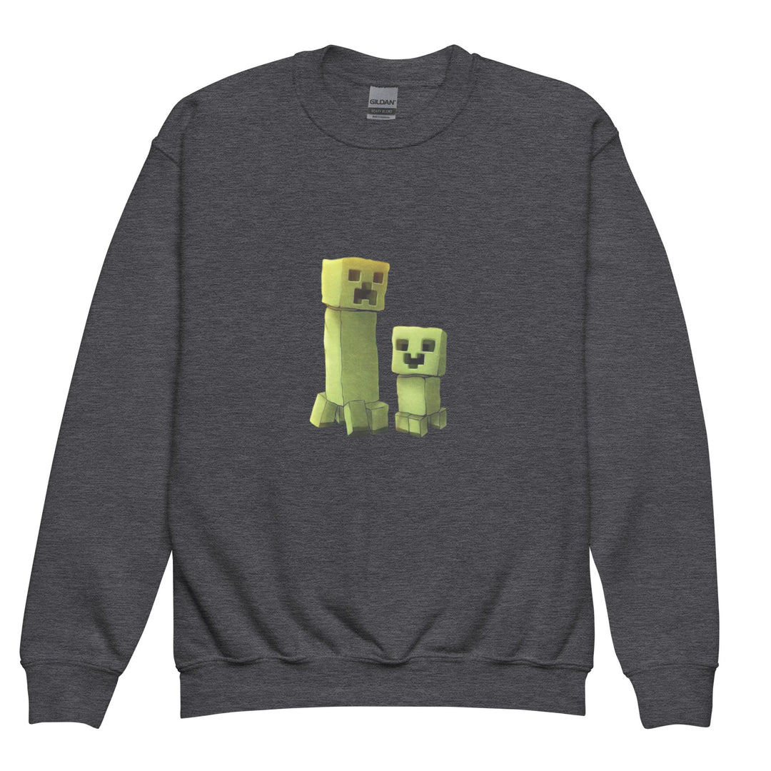 Dark gray sweatshirt with pixelated green characters on a white background.