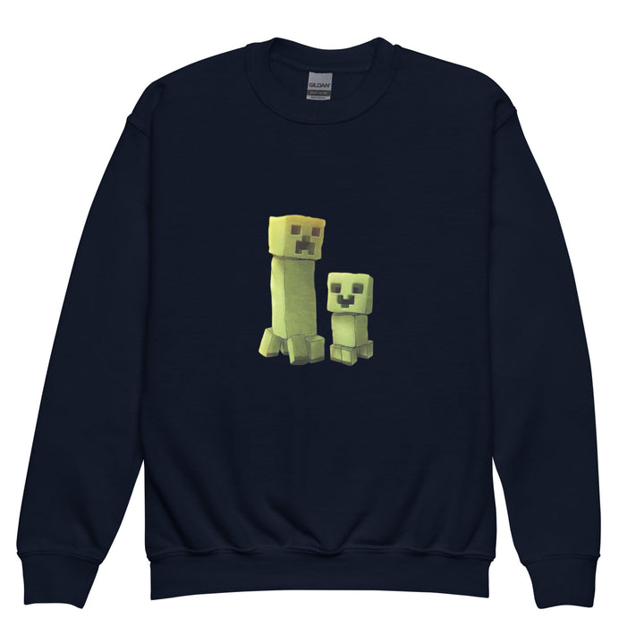 Navy blue sweatshirt with pixelated character design on a white background.