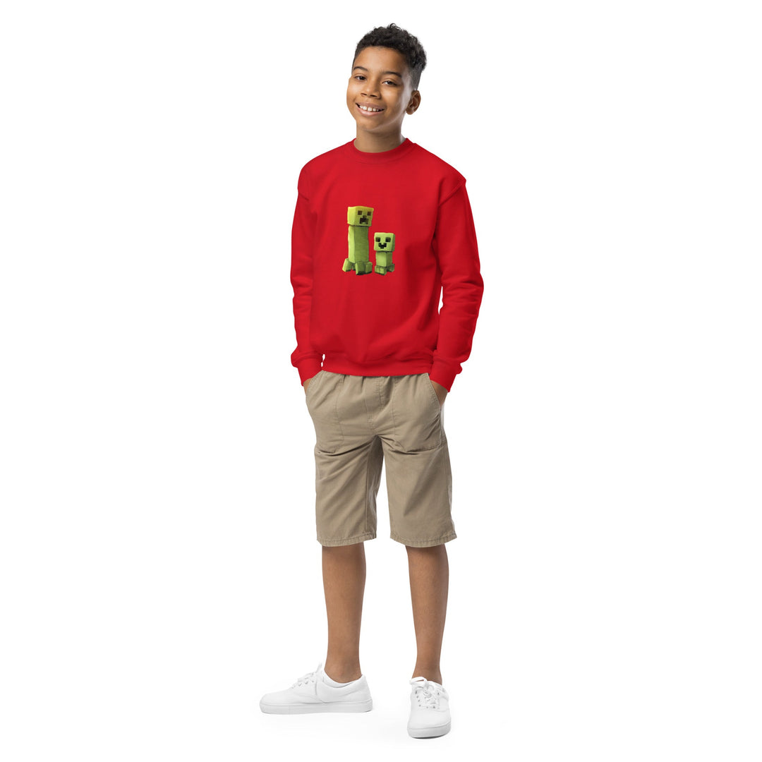 Child wearing a red sweatshirt with a graphic design on a white background.