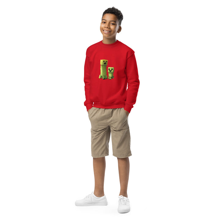 Child wearing a red sweatshirt with a graphic design on a white background.