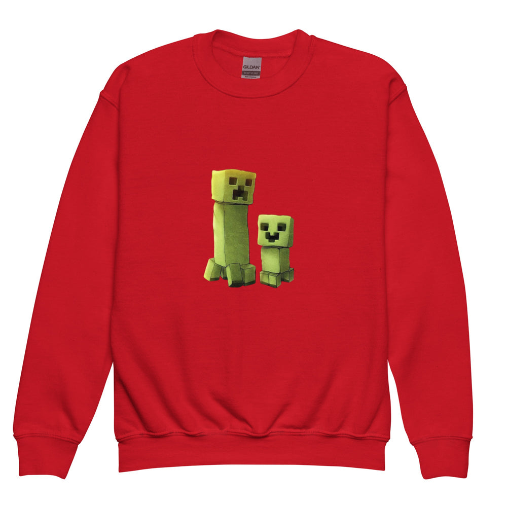 Red sweatshirt with green pixelated characters on a white background.