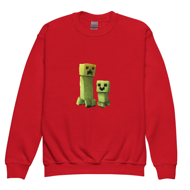 Red sweatshirt with green pixelated characters on a white background.