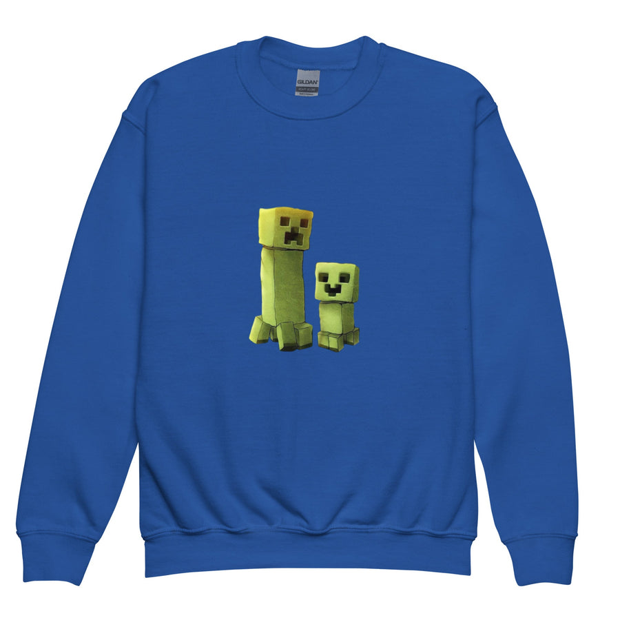 Blue sweatshirt with pixelated character design on a white background.