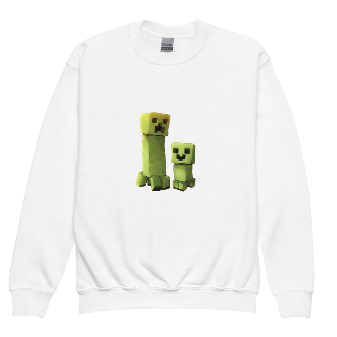 White sweatshirt with green pixelated characters on a white background.