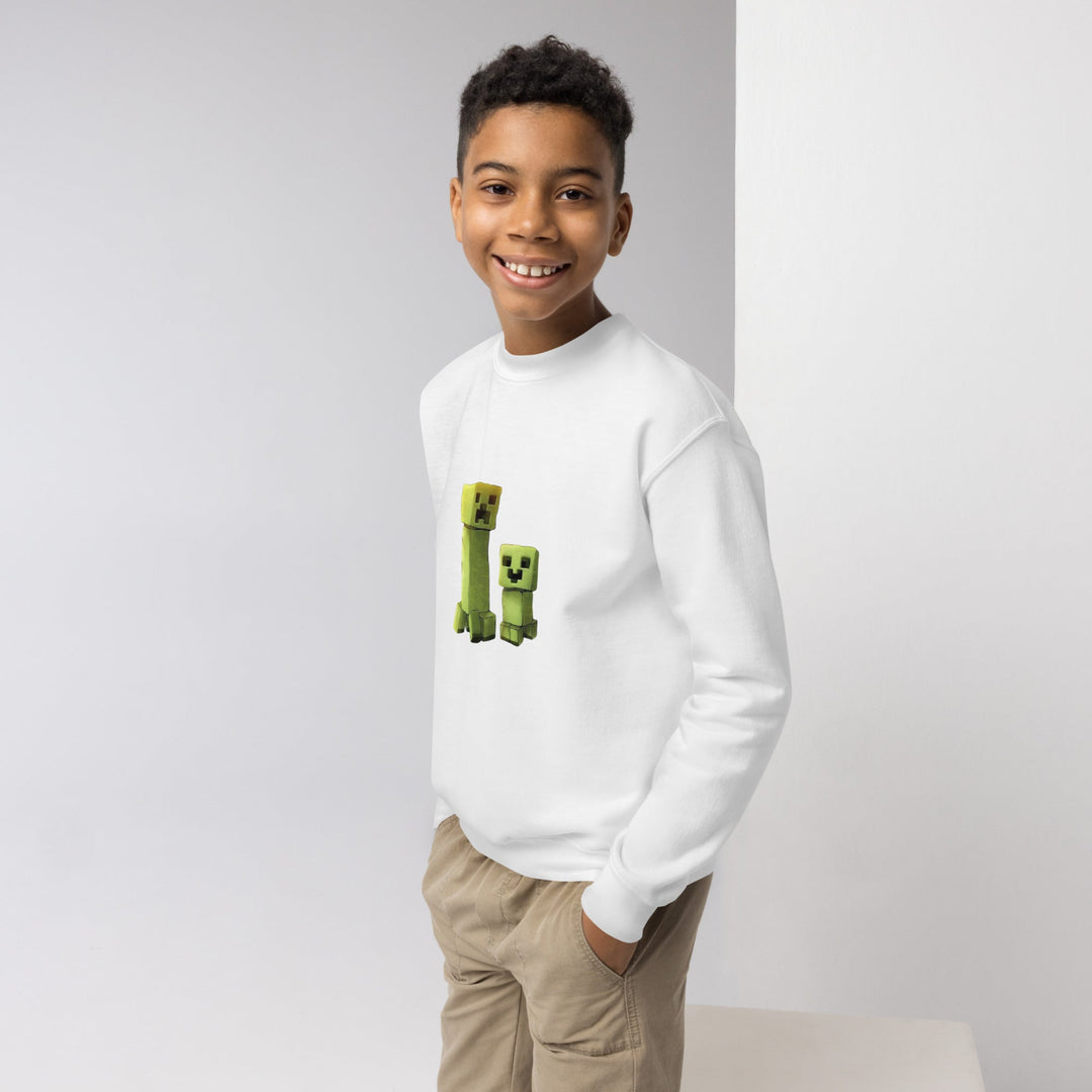 Child wearing a white sweatshirt with Minecraft character design on a plain background.