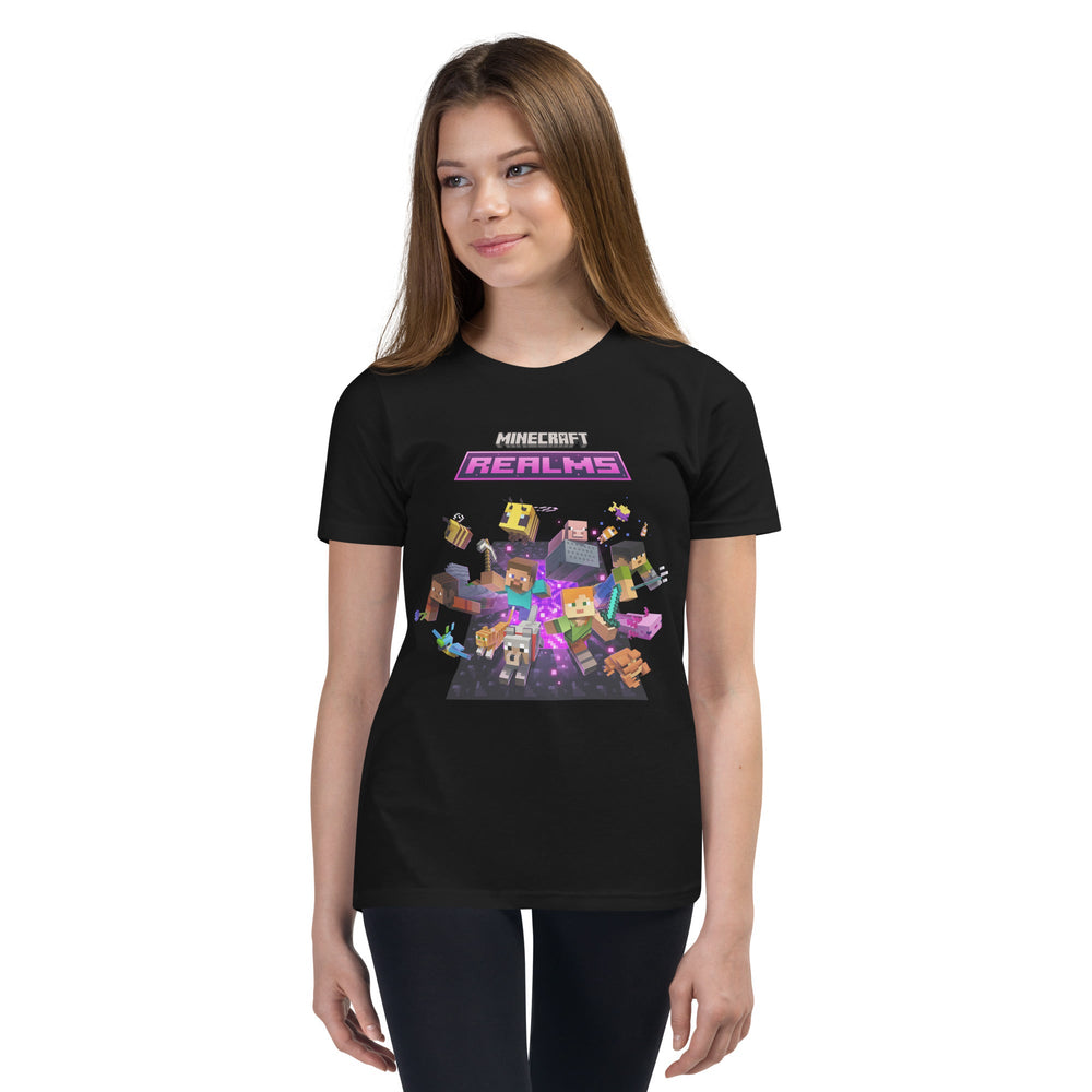 Person wearing a black t-shirt with Minecraft Realms graphics on a white background.