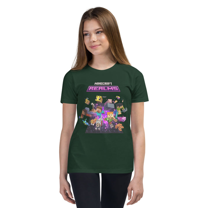 Person wearing a green t-shirt with Minecraft Realms graphics on a white background.