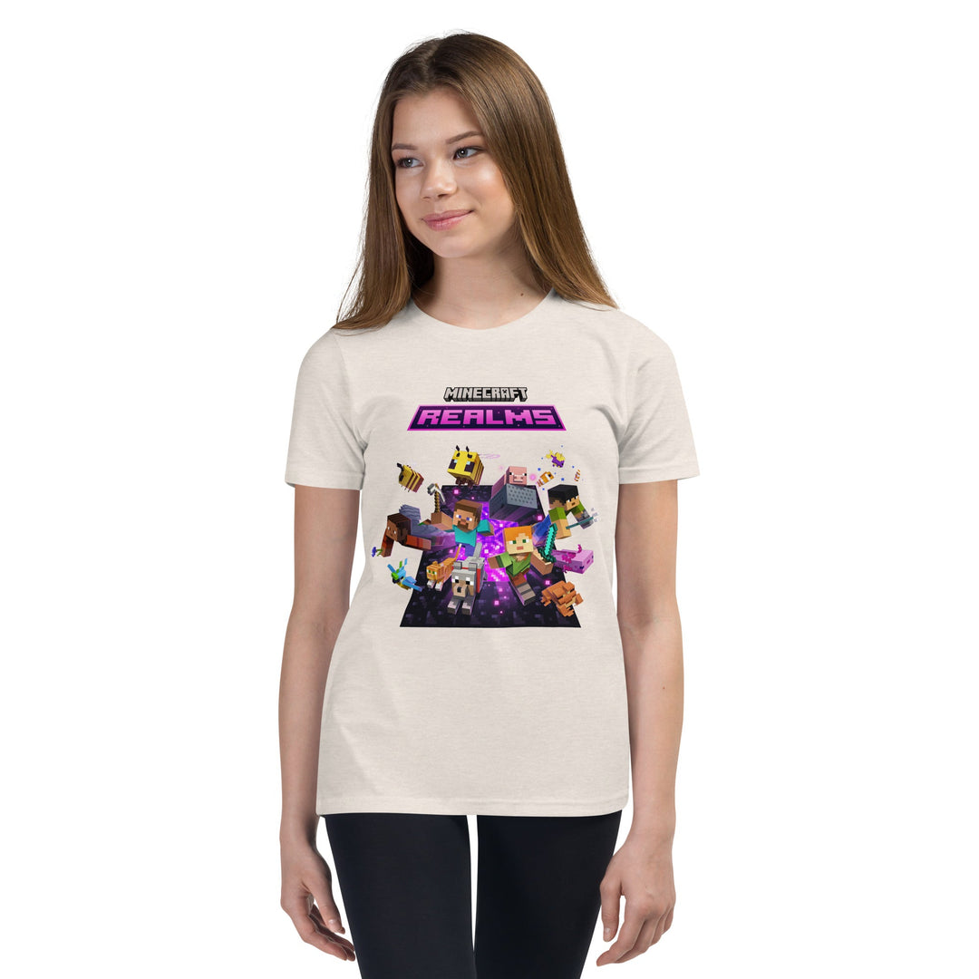 Person wearing a t-shirt with Minecraft Realms graphics on a white background.